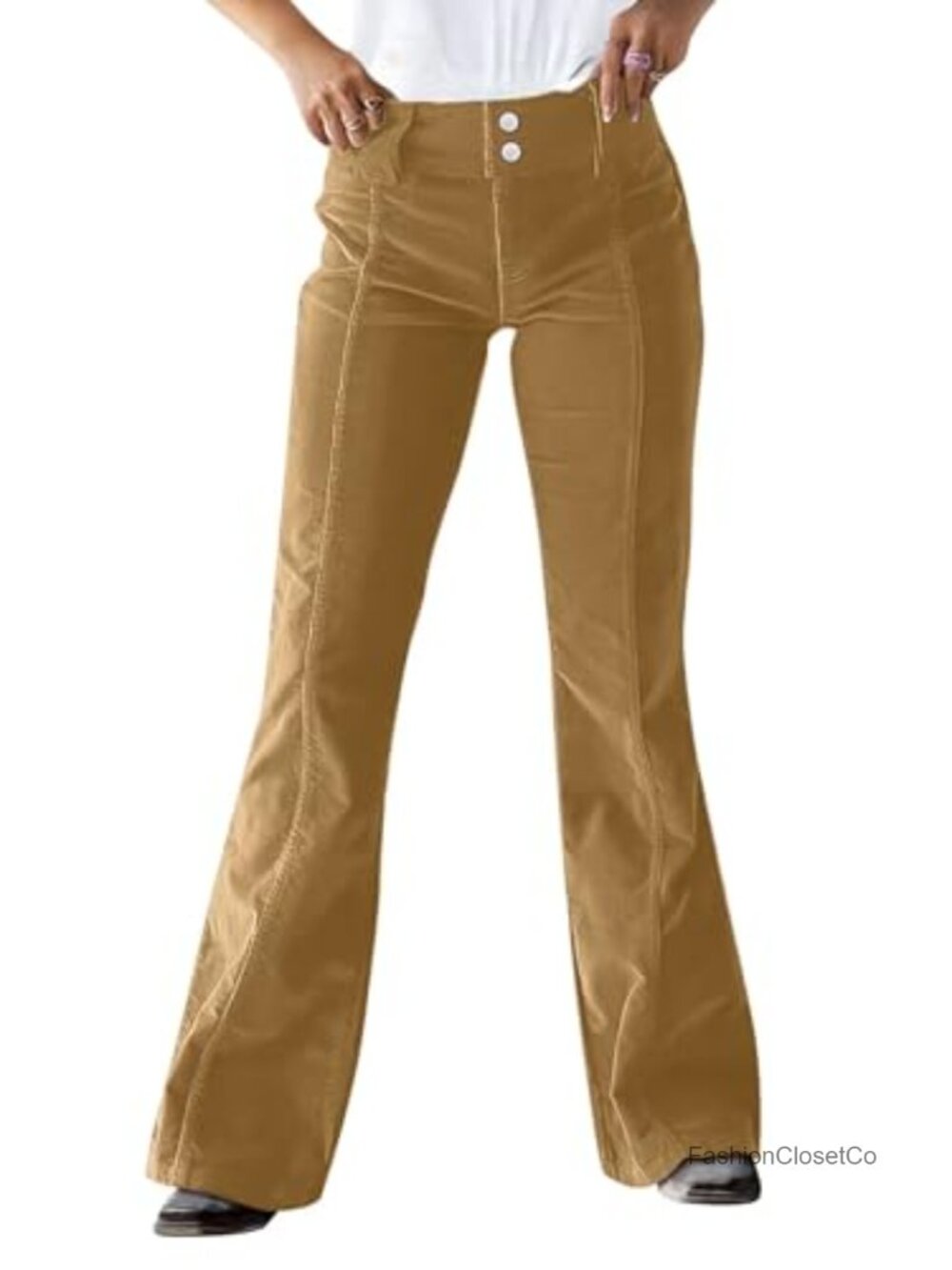 Mid Rise Flare Corduroy Pants Seam Front Dual Button Women's